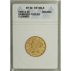 1855-S $5 --Cleaned, Damaged, Tooled--ANACS. XF40 Det