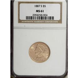 1887-S $5 MS61 NGC. NGC Census: (660/1134). PCGS P