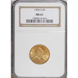 1905-S $5 MS61 NGC. NGC Census: (104/71). PCGS Pop