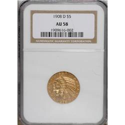 1908-D $5 AU58 NGC. NGC Census: (60/1823). PCGS Po