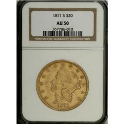 1871-S $20 AU50 NGC. NGC Census: (131/872). PCGS P