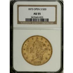 1873 $20 Open 3 AU55 NGC. NGC Census: (379/4863).