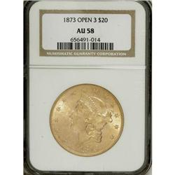 1873 $20 Open 3 AU58 NGC. NGC Census: (1791/3072).