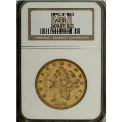 1874-S $20 AU55 NGC. NGC Census: (387/1460). PCGS