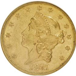 1874-S $20 AU58 NGC. NGC Census: (1003/457). PCGS Popu