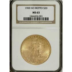 1908 $20 No Motto MS63 NGC. NGC Census: (36677/445