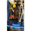 Image 2 : TOTE OF GARDENING ITEMS - PRUNERS, TROWELS, SPRINKLERS