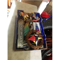Box of musical horses, lava lamp, metal container and more