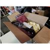 Image 1 : BOX OF LINENS, TWIN SHEETS, LACE, BRASS TEAPOT, LACE TABLECLOTH, BLACK PLACEMATS