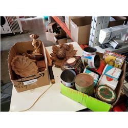 LOT OF WOOD CARVINGS, TOBACCO TINS