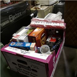 Box of various toys and games including vintage radio shack keyboard