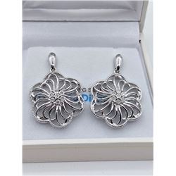 STERLING SILVER GENUINE DIAMOND FLORAL EARRINGS W/  APPRAISAL $1000, 14 DIAMONDS 0.08CTS