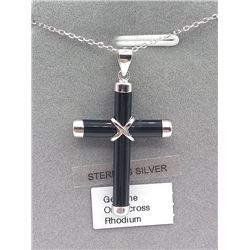 STERLING SILVER GENUINE BLACK ONYX CROSS PENDANT W/ STERLING CHAIN W/ APPRAISAL $545, 6CTS BLACK ONY