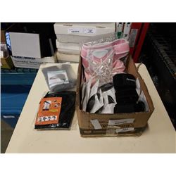 BOX OF SUPPORT BRACES AND EARBUDS