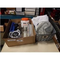 BOX AND STORAGE BASKET OF HOUSEHOLD ITEMS - STAINLESS  BOWL, BATH MAT, TABLE RUNNER, ETC