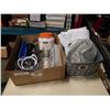 Image 1 : BOX AND STORAGE BASKET OF HOUSEHOLD ITEMS - STAINLESS  BOWL, BATH MAT, TABLE RUNNER, ETC