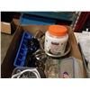 Image 2 : BOX AND STORAGE BASKET OF HOUSEHOLD ITEMS - STAINLESS  BOWL, BATH MAT, TABLE RUNNER, ETC