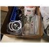 Image 3 : BOX AND STORAGE BASKET OF HOUSEHOLD ITEMS - STAINLESS  BOWL, BATH MAT, TABLE RUNNER, ETC