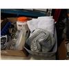 Image 4 : BOX AND STORAGE BASKET OF HOUSEHOLD ITEMS - STAINLESS  BOWL, BATH MAT, TABLE RUNNER, ETC