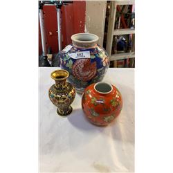 3 EASTERN VASES - 1 CLOISONNE AND 2 CERAMIC