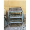 Image 2 : BLUE METAL SHOP TABLE, 3' METAL SHOP STAIRS AND FLUID BARREL WITH HAND PUMP
