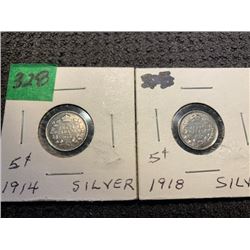 2 5 CENT SILVER 1914 &1918