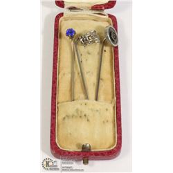 GROUP OF 3 ANTIQUE STICK PINS IN ANTIQUE BOX