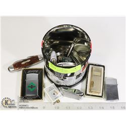 TOBACCO TIN OF MIXED LIGHTERS AND POCKET KNIVES