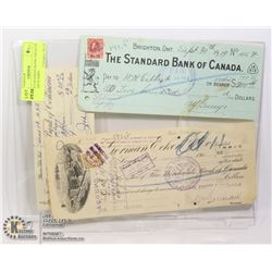 3 EARLY CANADIAN BANK CHEQUES WITH TAX STAMPS