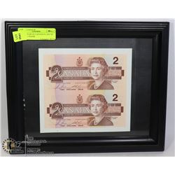 UNCUT PAIR OF CANADA'S LAST $2 BILLS IN FRAME