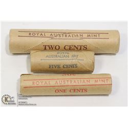 3-MINT SEALED B.U. AUSTRALIA 1C/2C/5C COIN ROLLS