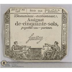 1793 FRANCE 50 SOL BANKNOTE
