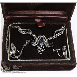 VINTAGE .925 OBSIDIAN NECKLACE EARRING SET