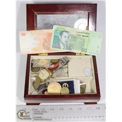 JEWELRY BOX WITH CURRENCY TOKENS & MISC