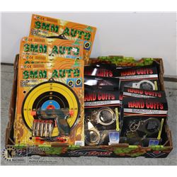 LARGE FLAT OF KIDS HAND CUFF AND DART GUN TOYS