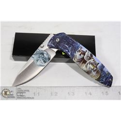 FOLDING KNIFE WITH BELT CLIP AND WOLF DESIGN
