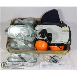 FLAT OF WORK PPE INCLUDING GLOVES, GOOGLES,