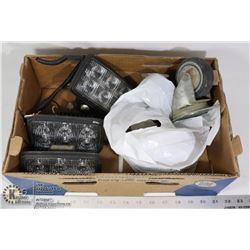 ASSORTED CASTER WHEELS & LED WORK LIGHTS.