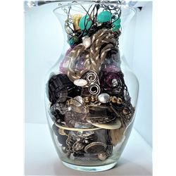 16)  VASE FULL OF WATCHES, NECKLACES, RINGS,