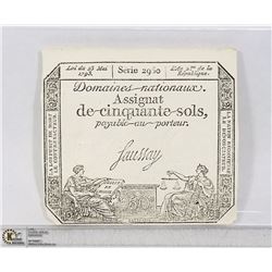 1793 FRANCE 50 SOL BANKNOTE NEAR MINT