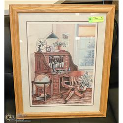 FRAMED AND MATTED OLD OFFICE DESK