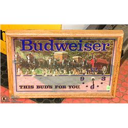 BUDWEISER WOOD FRAMED MIRRORED CLOCK MISSING ONE