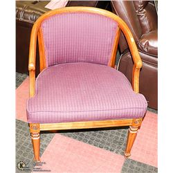 WOOD WITH PURPLE FABRIC ARM CHAIR