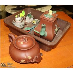 2 ORIENTAL TEA POTS, BONSAI PLANTER AND MINIATURES