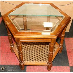 WOODEN END TABLE WITH GLASS TOP