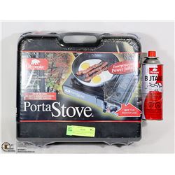 NEW OLYMPIA PORTA STOVE WITH A NEW CAN OF BUTANE