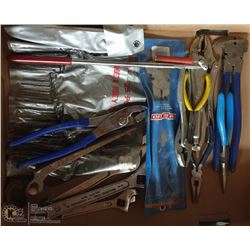 LARGE FLAT OF HAND TOOLS, CHANNEL LOCKS,