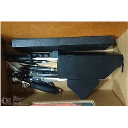 BOX OF KNIVES AND CUTTING BOARD