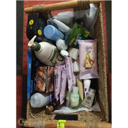 LARGE WICKER BASKET FULL OF HOUSEHOLD