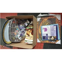 BOX WITH NEW ITEMS INCL. KITCHEN PLAQUES,